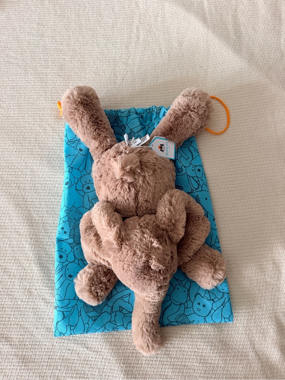 Elephant Jellycat with Turquoise Drawstring Kids Accessory Bag with Orange Cords - Picture 2 of 5
